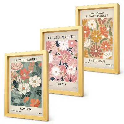 Conjunto de quadros decorativos com estampas florais das cidades de Londres, Tóquio e Amsterdã