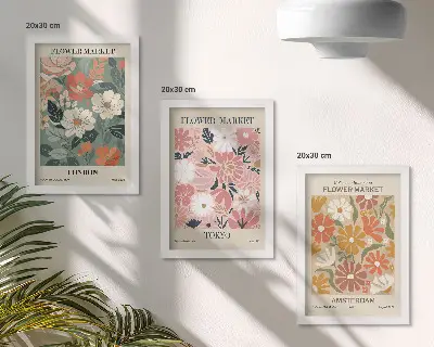 Conjunto de quadros decorativos com estampas florais das cidades de Londres, Tóquio e Amsterdã