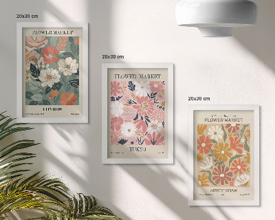 Conjunto de molduras com imagens Pôsteres com estampas florais de Londres, Tóquio e Amsterdã.