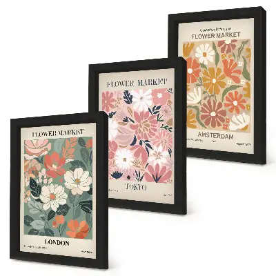 Conjunto de quadros decorativos com estampas florais das cidades de Londres, Tóquio e Amsterdã