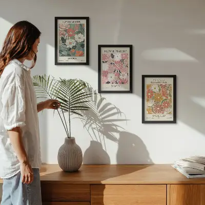 Conjunto de quadros decorativos com estampas florais das cidades de Londres, Tóquio e Amsterdã