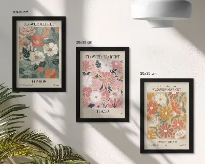 Conjunto de quadros decorativos com estampas florais das cidades de Londres, Tóquio e Amsterdã
