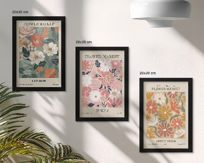 Conjunto de molduras com imagens Pôsteres com estampas florais de Londres, Tóquio e Amsterdã.