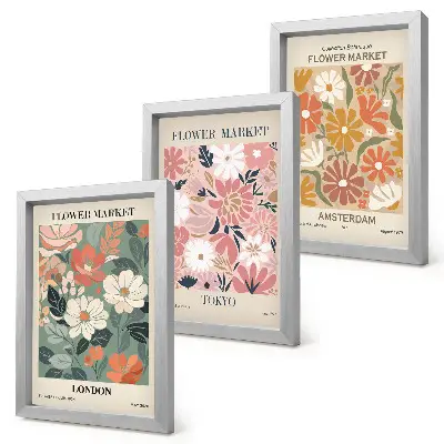 Conjunto de quadros decorativos com estampas florais das cidades de Londres, Tóquio e Amsterdã
