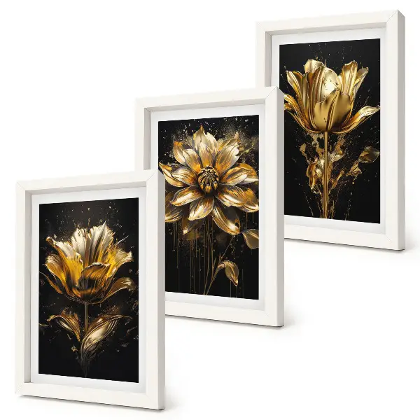 Conjunto de 3 quadros decorativos com flores em tons de amarelo sobre fundo escuro