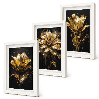 Conjunto de 3 quadros decorativos Flores em tons de amarelo sobre um fundo escuro.