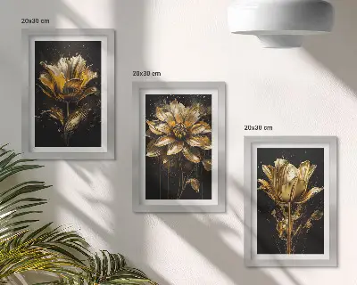 Conjunto de 3 quadros decorativos com flores em tons de amarelo sobre fundo escuro