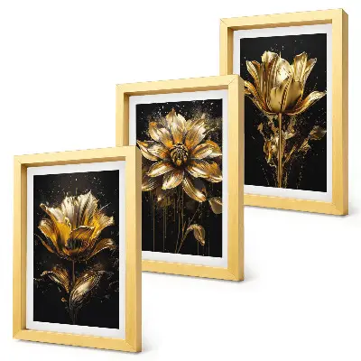Conjunto de 3 quadros decorativos com flores em tons de amarelo sobre fundo escuro
