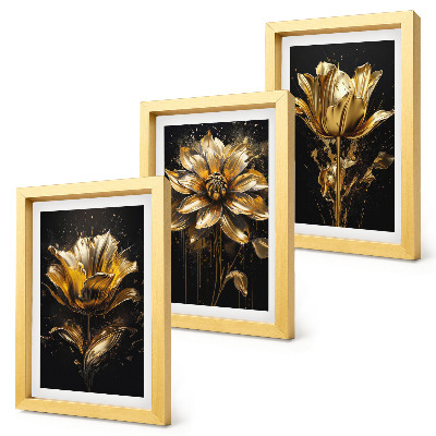 Conjunto de 3 quadros decorativos Flores em tons de amarelo sobre um fundo escuro.