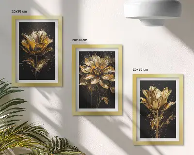 Conjunto de 3 quadros decorativos com flores em tons de amarelo sobre fundo escuro