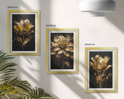 Conjunto de 3 quadros decorativos Flores em tons de amarelo sobre um fundo escuro.