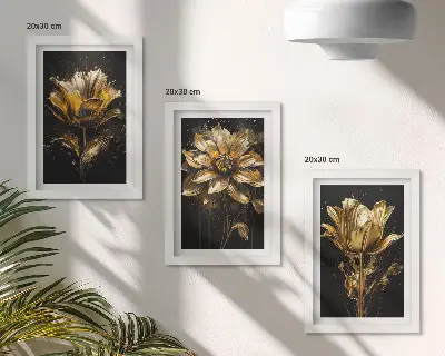 Conjunto de 3 quadros decorativos com flores em tons de amarelo sobre fundo escuro