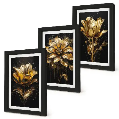 Conjunto de 3 quadros decorativos com flores em tons de amarelo sobre fundo escuro