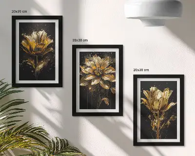 Conjunto de 3 quadros decorativos com flores em tons de amarelo sobre fundo escuro