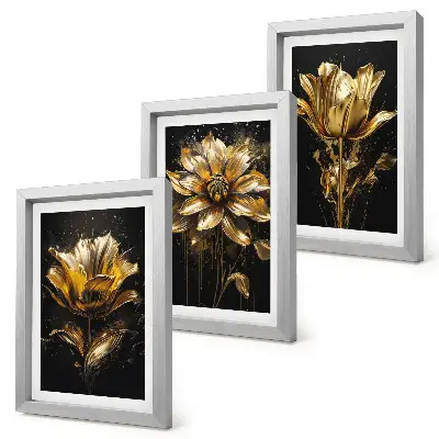Conjunto de 3 quadros decorativos com flores em tons de amarelo sobre fundo escuro