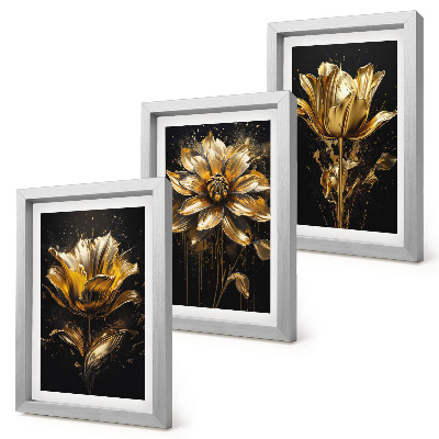 Conjunto de 3 quadros decorativos Flores em tons de amarelo sobre um fundo escuro.