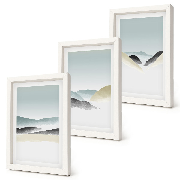 Tríptico com moldura Montanhas minimalistas em tons pastel delicados