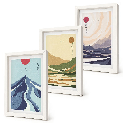 Conjunto de 3 quadros decorativos Montanhas em tons pastel, estilo Japandi