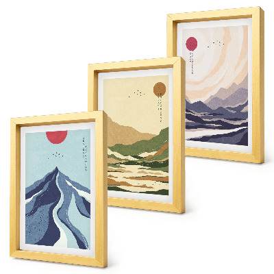 Conjunto de 3 quadros decorativos Montanhas em tons pastel, estilo Japandi