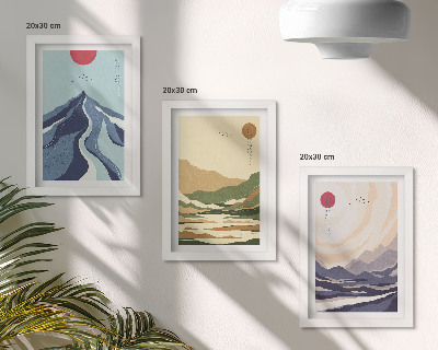 Conjunto de 3 quadros decorativos Montanhas em tons pastel, estilo Japandi
