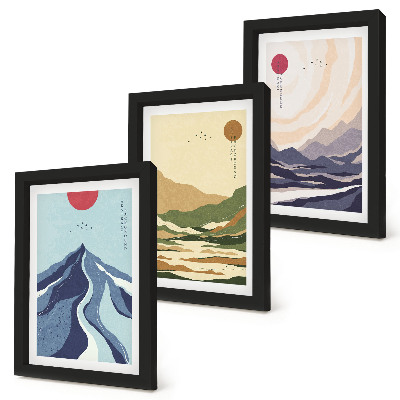 Conjunto de 3 quadros decorativos Montanhas em tons pastel, estilo Japandi