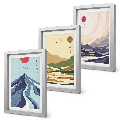 Conjunto de 3 quadros decorativos Montanhas em tons pastel, estilo Japandi