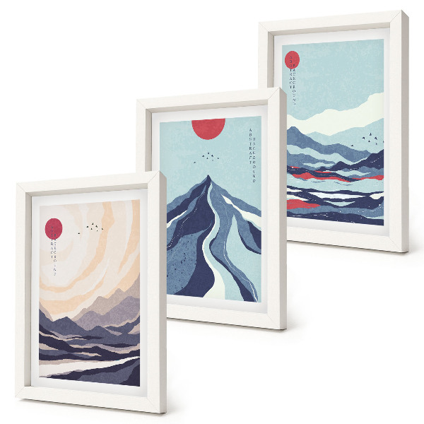 Tríptico com moldura Paisagens abstratas de montanha em estilo japonês
