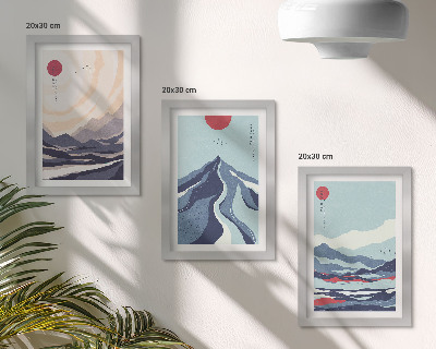 Tríptico com moldura Paisagens abstratas de montanha em estilo japonês