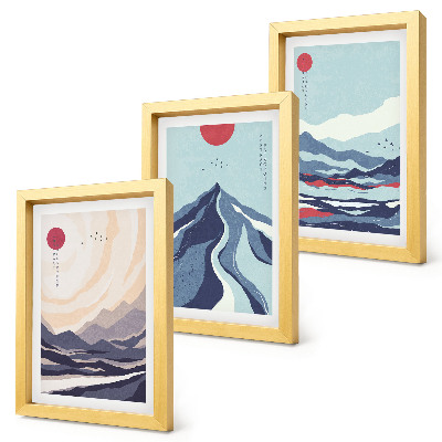 Tríptico com moldura Paisagens abstratas de montanha em estilo japonês