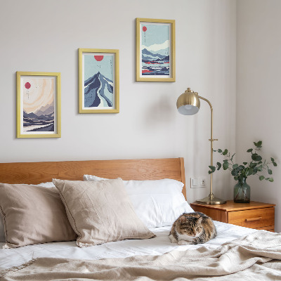 Tríptico com moldura Paisagens abstratas de montanha em estilo japonês