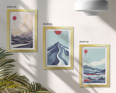 Tríptico com moldura Paisagens abstratas de montanha em estilo japonês