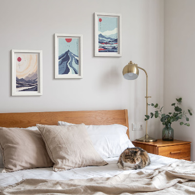 Tríptico com moldura Paisagens abstratas de montanha em estilo japonês