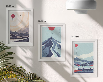 Tríptico com moldura Paisagens abstratas de montanha em estilo japonês