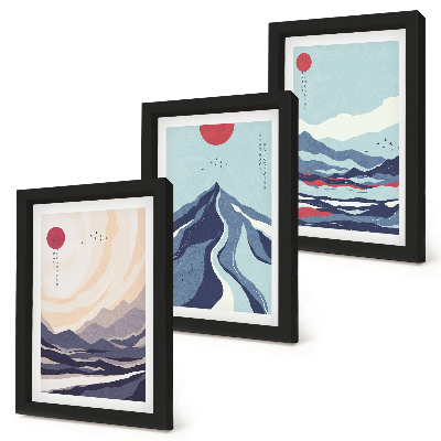 Tríptico com moldura Paisagens abstratas de montanha em estilo japonês