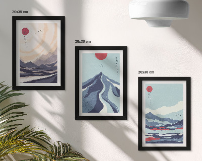 Tríptico com moldura Paisagens abstratas de montanha em estilo japonês