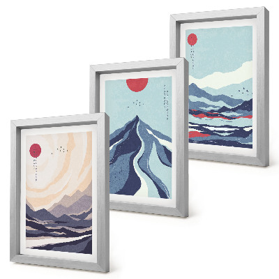 Tríptico com moldura Paisagens abstratas de montanha em estilo japonês