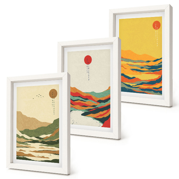 Conjunto de 3 quadros decorativos Padrões coloridos de montanhas e rios no estilo Japandi