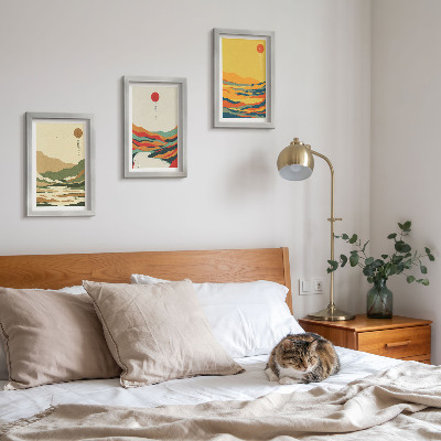 Conjunto de 3 quadros decorativos Padrões coloridos de montanhas e rios no estilo Japandi