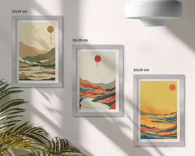 Conjunto de 3 quadros decorativos Padrões coloridos de montanhas e rios no estilo Japandi