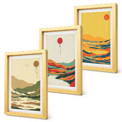 Conjunto de 3 quadros decorativos Padrões coloridos de montanhas e rios no estilo Japandi