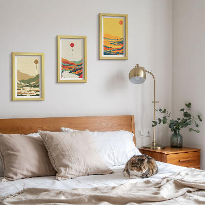 Conjunto de 3 quadros decorativos Padrões coloridos de montanhas e rios no estilo Japandi