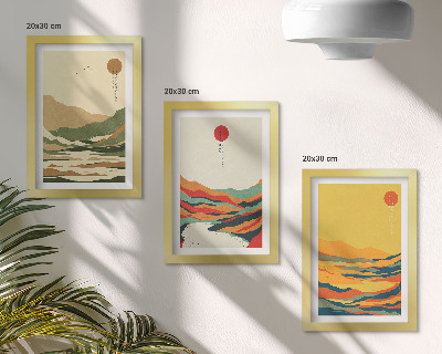 Conjunto de 3 quadros decorativos Padrões coloridos de montanhas e rios no estilo Japandi