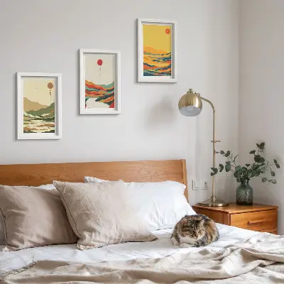 Conjunto de 3 quadros decorativos com padrões coloridos de montanhas e rios estilo Japandi