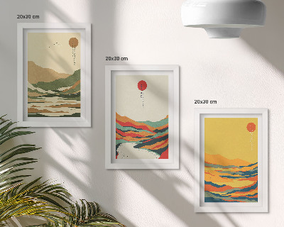 Conjunto de 3 quadros decorativos Padrões coloridos de montanhas e rios no estilo Japandi