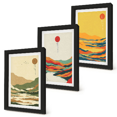 Conjunto de 3 quadros decorativos Padrões coloridos de montanhas e rios no estilo Japandi