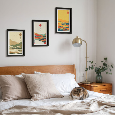 Conjunto de 3 quadros decorativos Padrões coloridos de montanhas e rios no estilo Japandi
