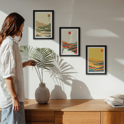 Conjunto de 3 quadros decorativos Padrões coloridos de montanhas e rios no estilo Japandi