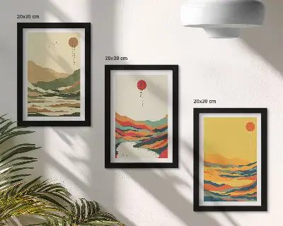 Conjunto de 3 quadros decorativos com padrões coloridos de montanhas e rios estilo Japandi