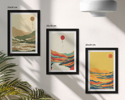 Conjunto de 3 quadros decorativos Padrões coloridos de montanhas e rios no estilo Japandi