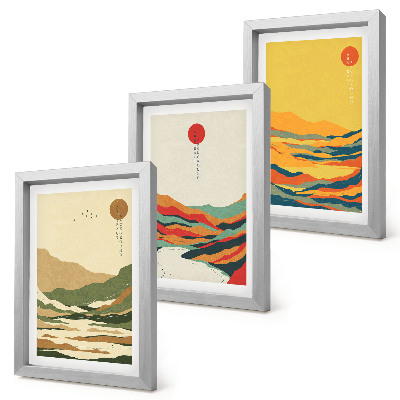 Conjunto de 3 quadros decorativos Padrões coloridos de montanhas e rios no estilo Japandi
